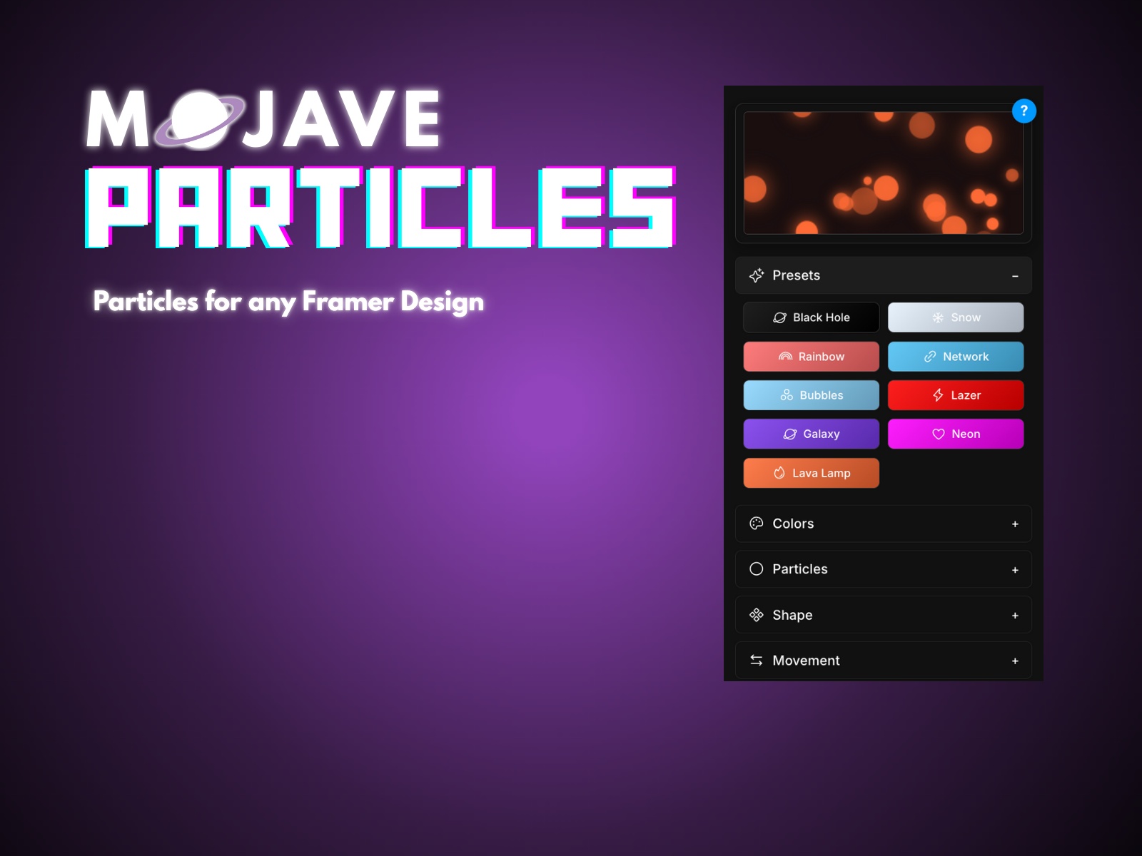 Thumbnail 1 for Mojave Particles Pro, a Framer Marketplace template by Jesse Garcia.