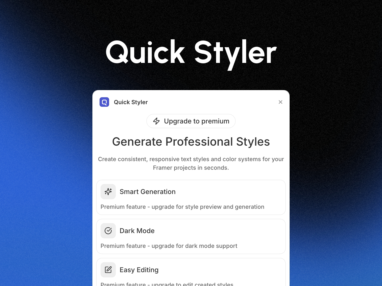 Thumbnail 1 for Quick Styler, a Framer Marketplace plugin by Fusioo Design.