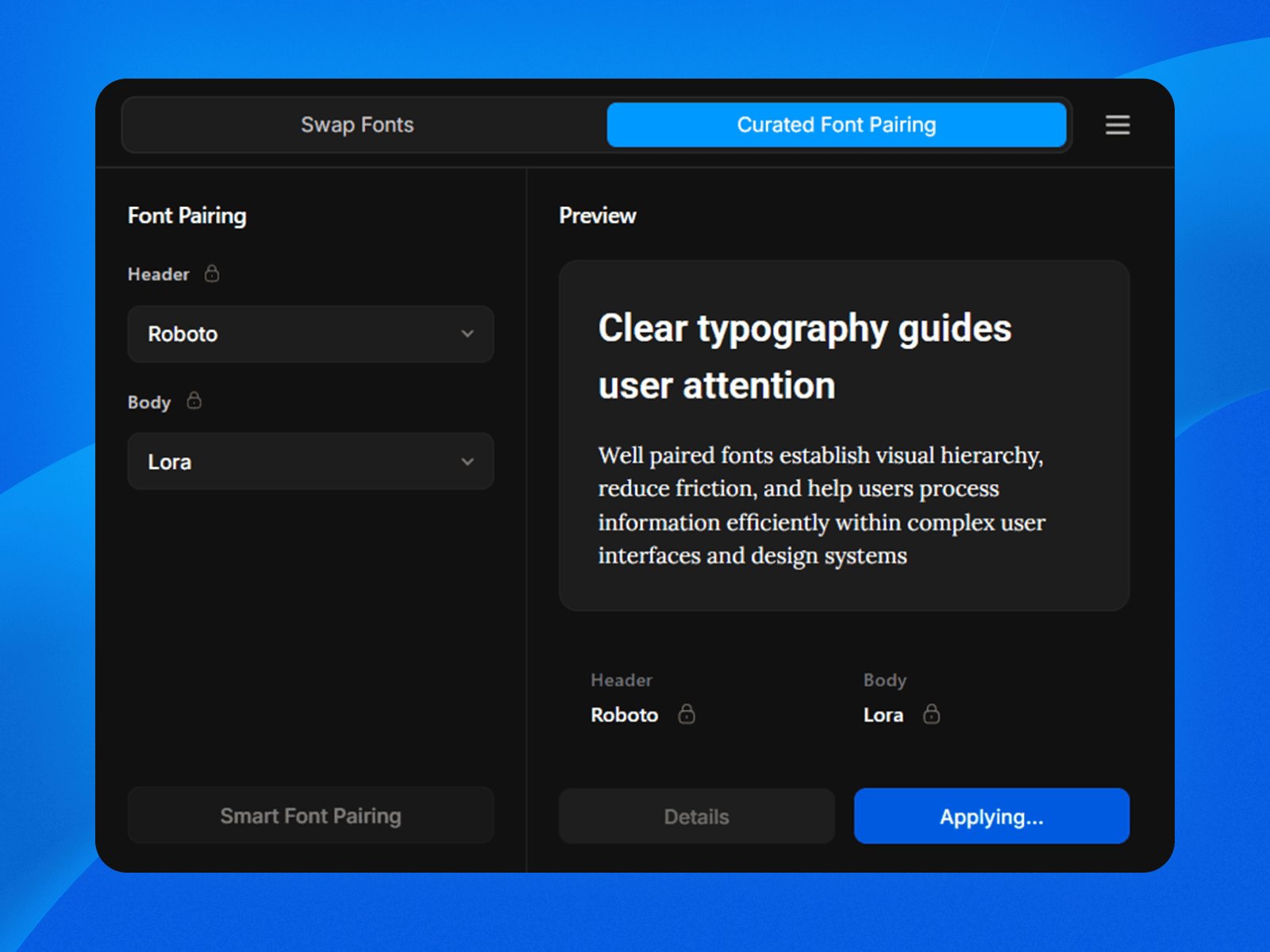 Screenshot 4 for Fontwise: Quick Font Replacer & Pairing, a Framer Marketplace plugin by Framer Spark.