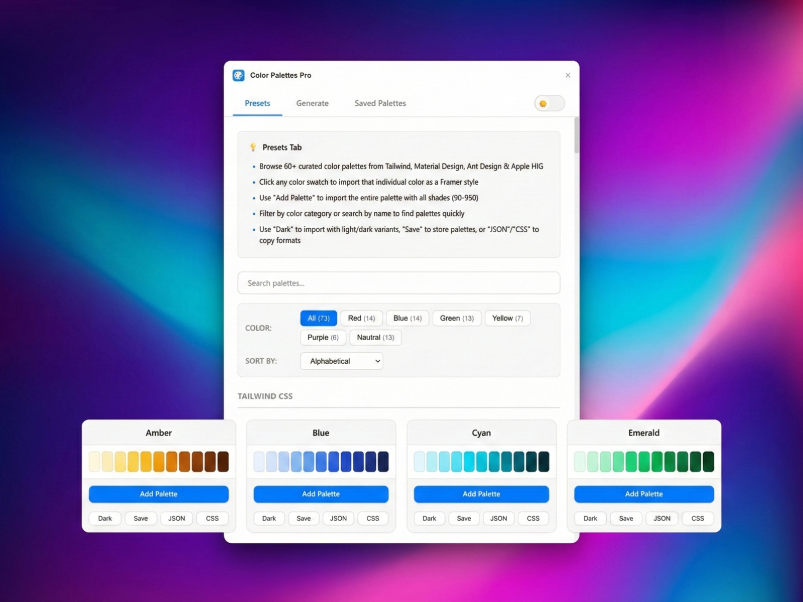 Thumbnail 1 for Color Palettes Pro, a Framer Marketplace plugin by Aidan Looker.