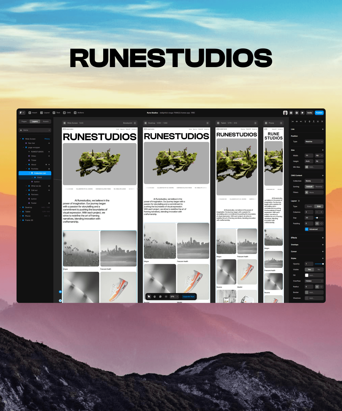 Thumbnail 1 for RuneStudios, a Framer Marketplace template by Ozenua Oluwatobi.