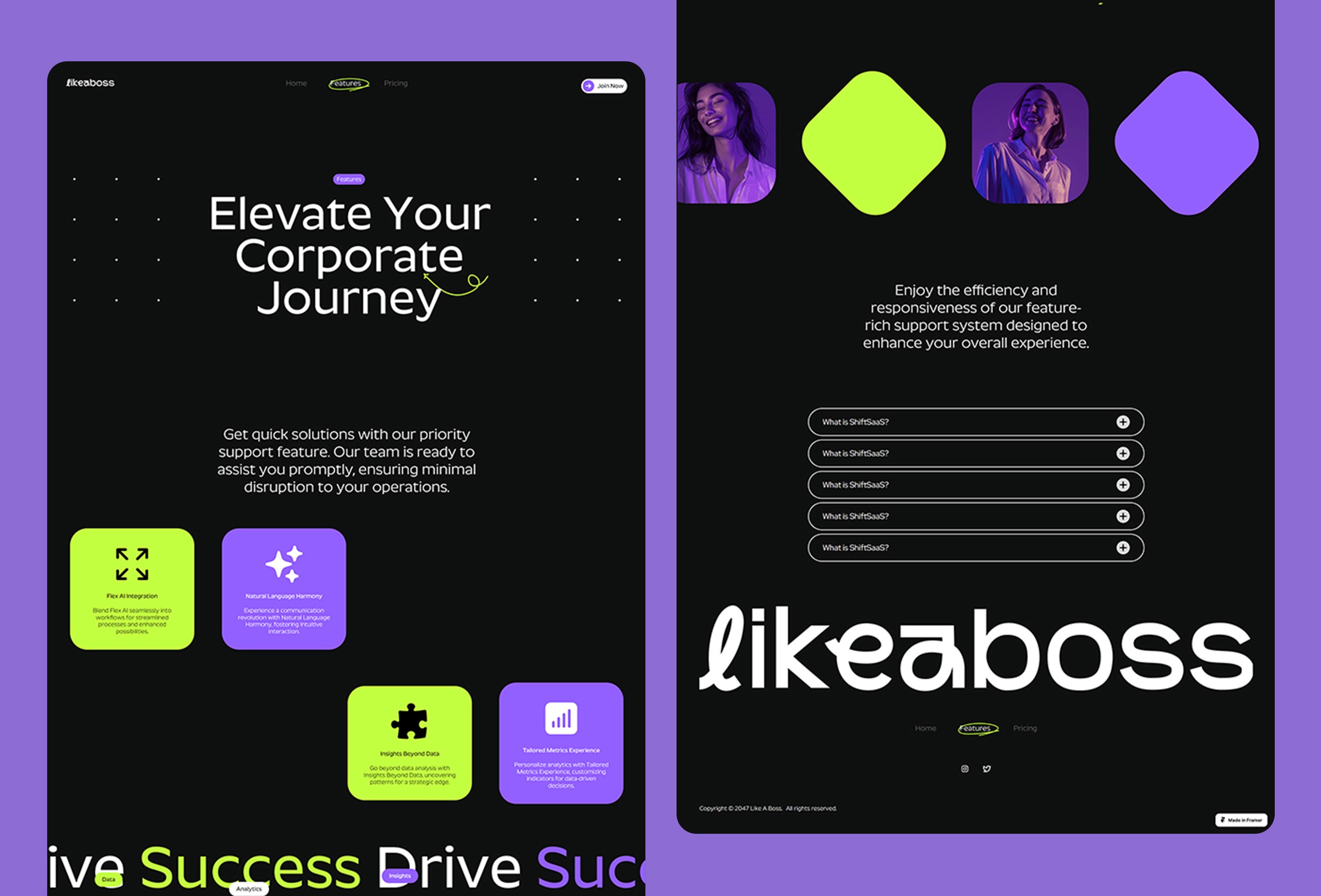 Screenshot 3 for LikeaBoss, a Framer Marketplace template by Leandro Melo.