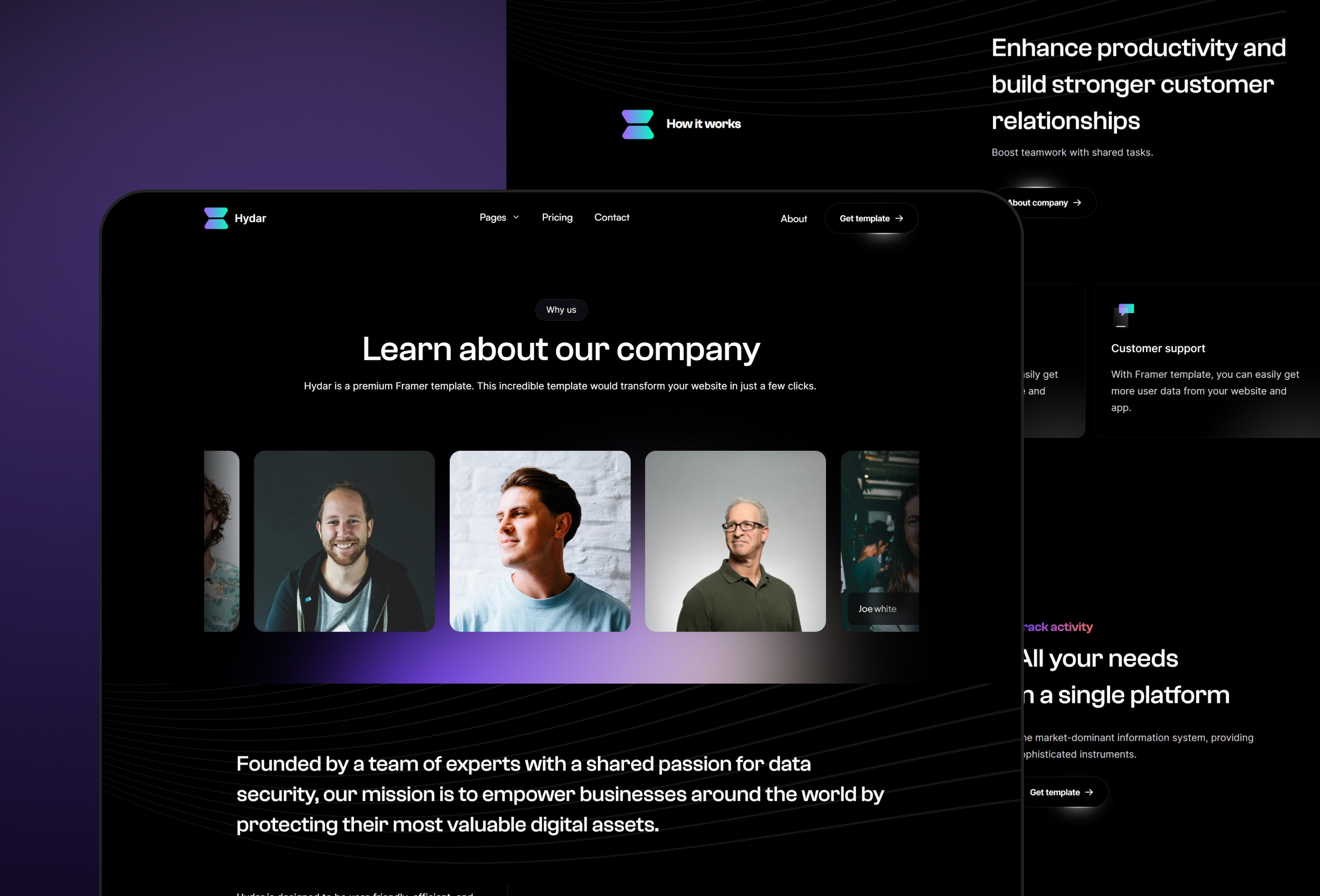 Screenshot 4 for Hydar, a Framer Marketplace template by Amjad baig.