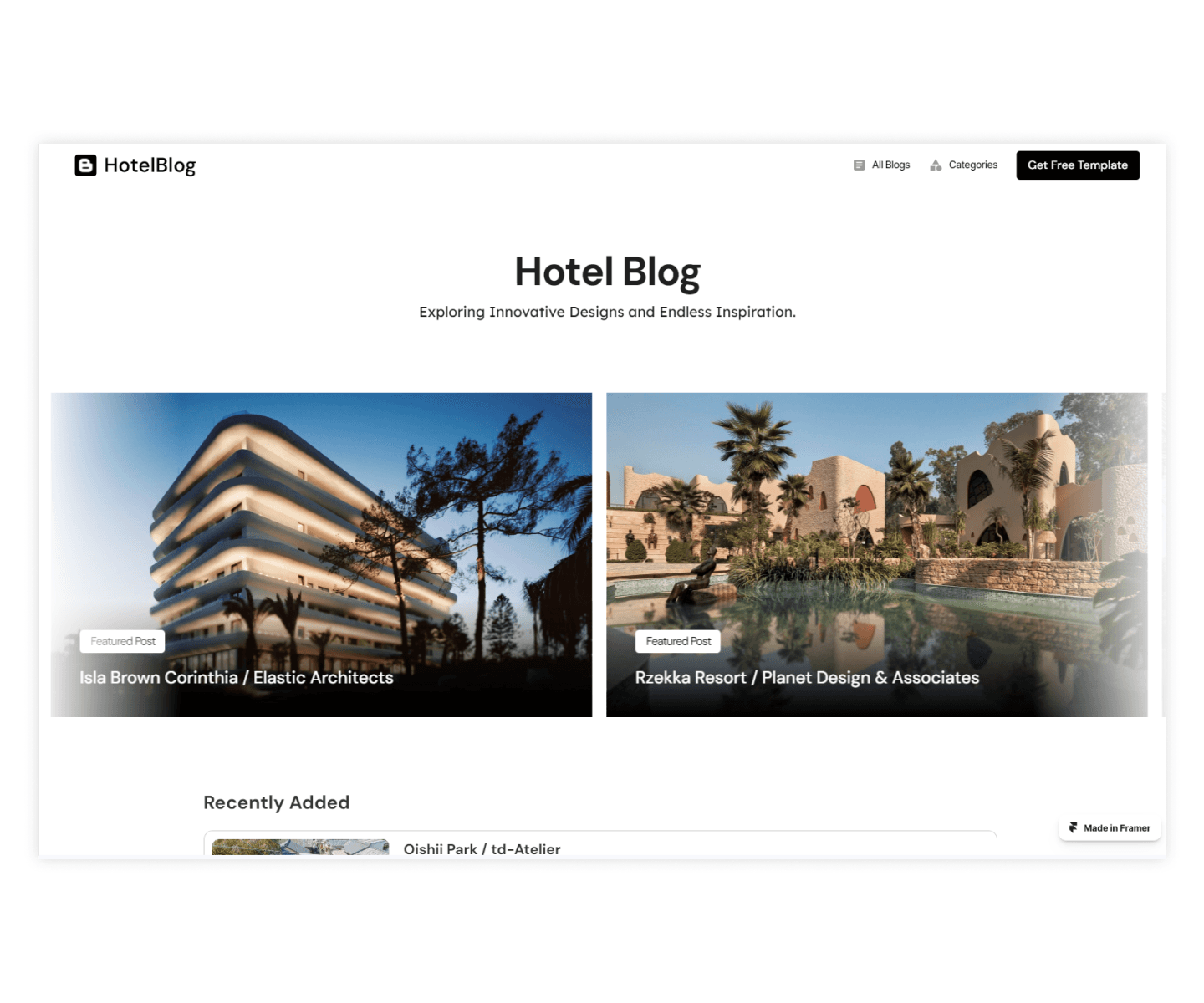Screenshot 1 for HotelBlog, a Framer Marketplace template by Goodspeed.