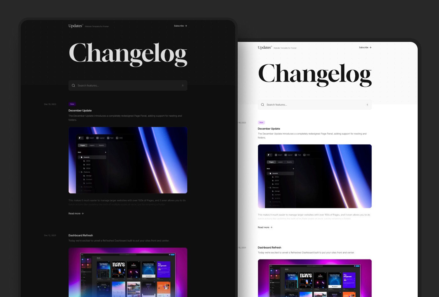 Screenshot 2 for Updates, a Framer Marketplace template by Cédric.