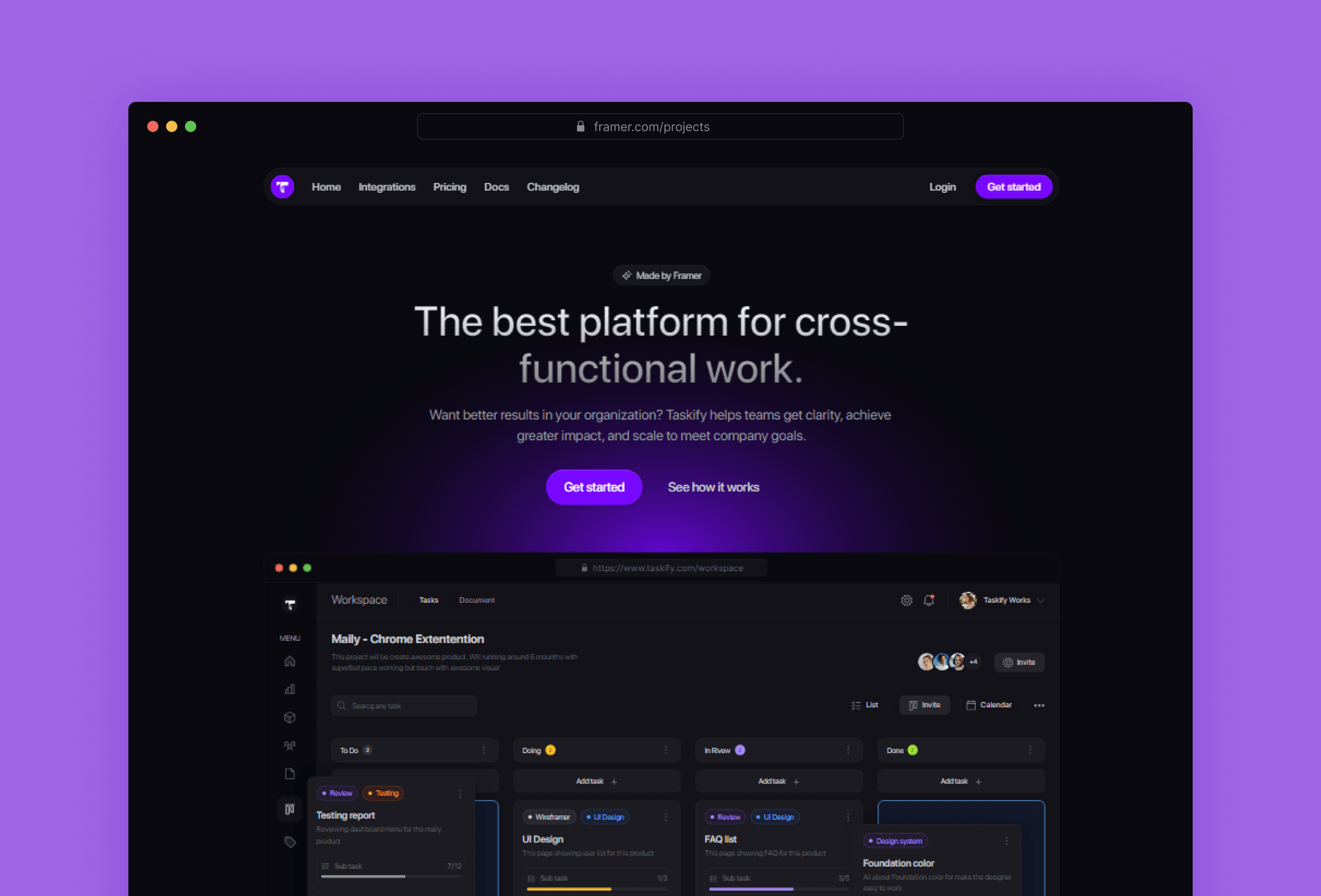 Screenshot 1 for Taskify, a Framer Marketplace template by Dmytri Ivanov.